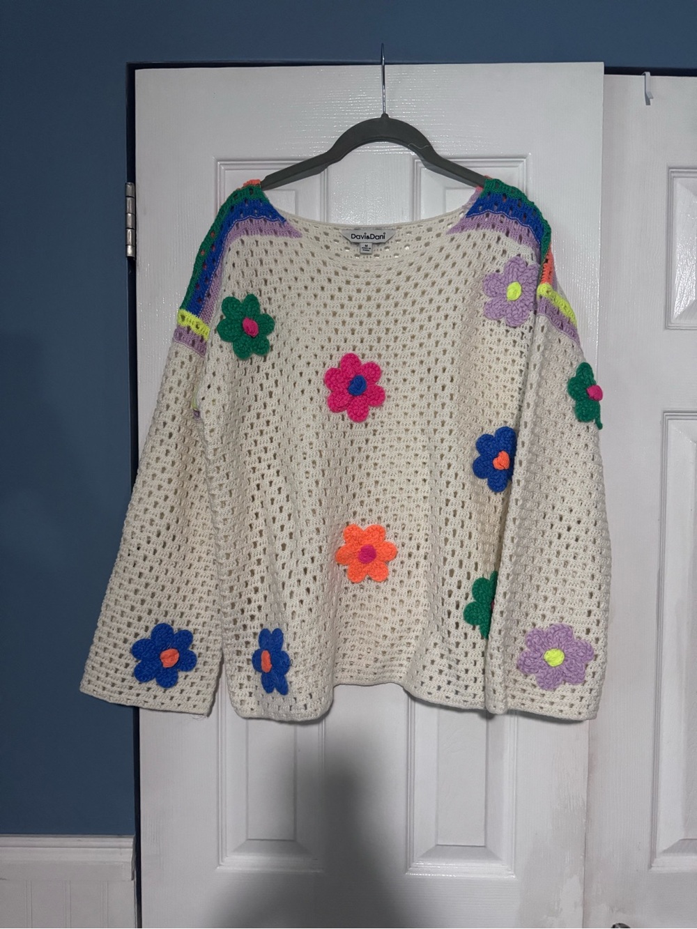 DAVI & DANI Cream Crochet Sweater with Multicolor Flower Appliqués